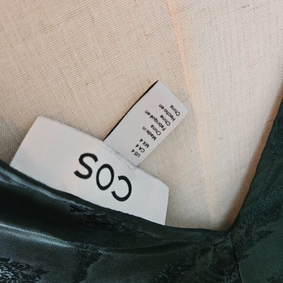 COS Jacquard Bow Back Silky‎ Blouse Sz 4 Dark Green Shirt Relaxed Long Sleeve - Picture 10 of 13